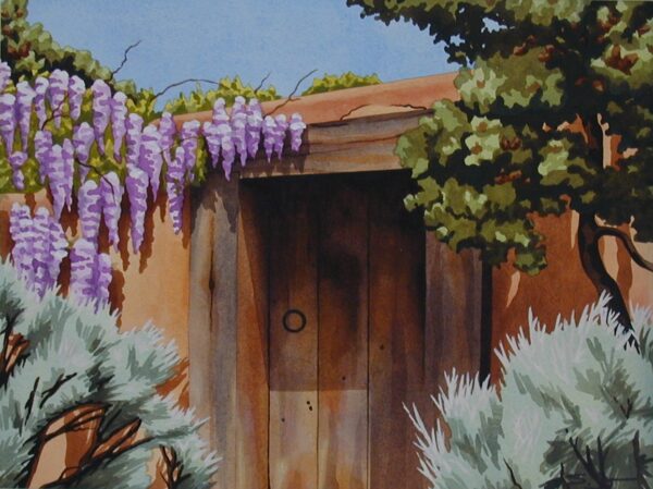 Product Image: ‘Wisteria, Chamisa and Barn Wood Door’ painting