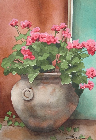 Product Image: ‘Mexican Urn with Geraniums’ painting