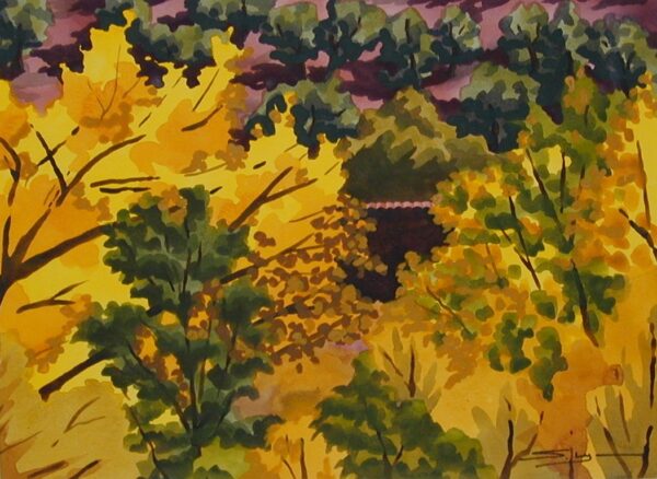 Product Image: ‘Tiled Roof and Golden Cottonwoods from Cerro Gordo Park’ painting