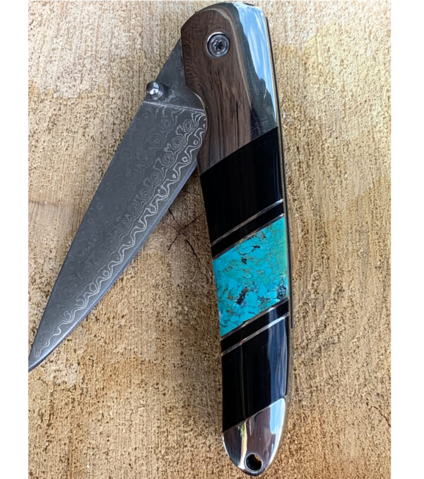 Product Image: Jet & Turquoise Damascus 4″ Linerlock Knife