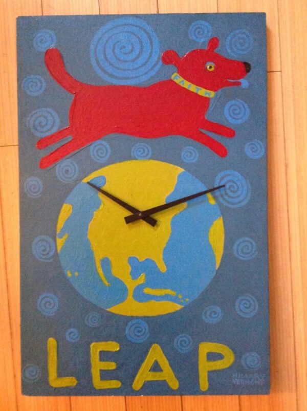 Product Image: Leap of Faith painted clock 23″ high copyright Hillary Vermont