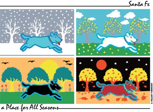 Product Image: Art Print or 4 note cards, Blue Dog, White Dog, Black Dog, Red Dog, All Seasons copyright Hillary Vermont