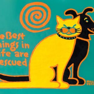 Product Image: Art Print or 4 note cards, The Best Things in Life are Rescued Yellow Cat Black Dog copyright Hillary Vermont