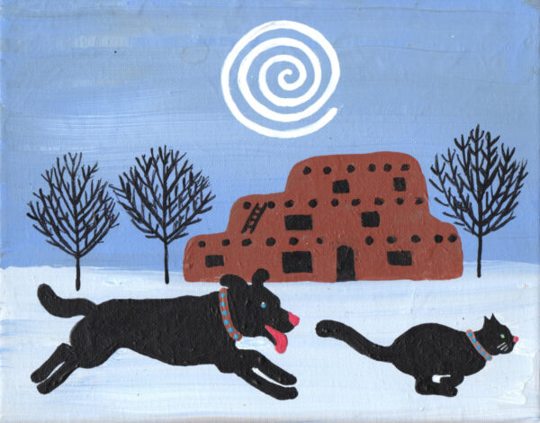 Product Image: Adobe Winter Print. Southwest or Santa Fe Scene. Black Cat  and Black Dog  frolicking c Hillary Vermont