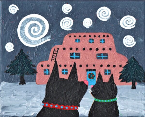 Product Image: Magical Santa Fe Winter print. Black dog and black cat. c Hillary Vermont