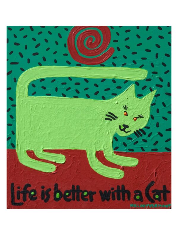 Product Image: Green Cat Life is Better With a Cat art print or 4 note cards copyright Hillary Vermont