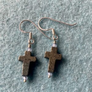 Product Image: Pyrite Cross Earrings with Light blue bead
