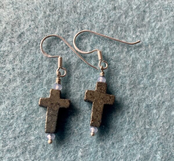 Product Image: Pyrite Cross Earrings with Light blue bead