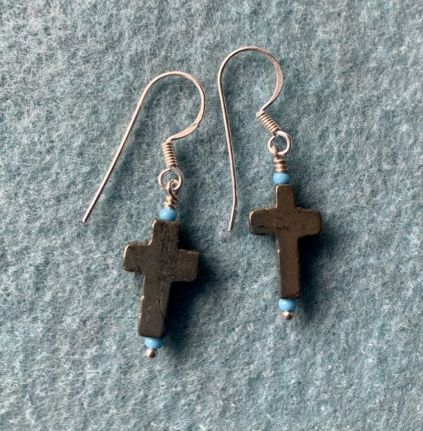 Product Image: Pyrite Cross Earrings with Blue Bead