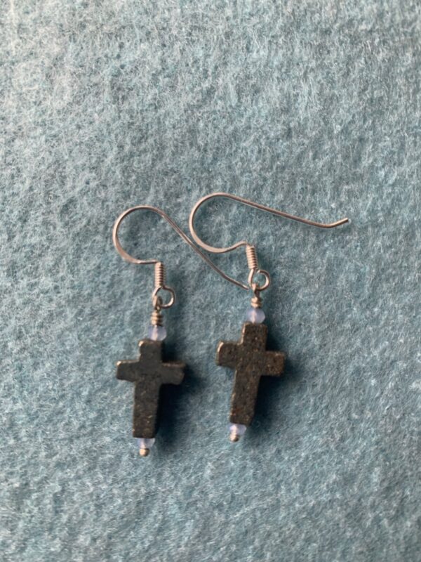 Product Image: Pyrite Cross Earrings with Light blue bead