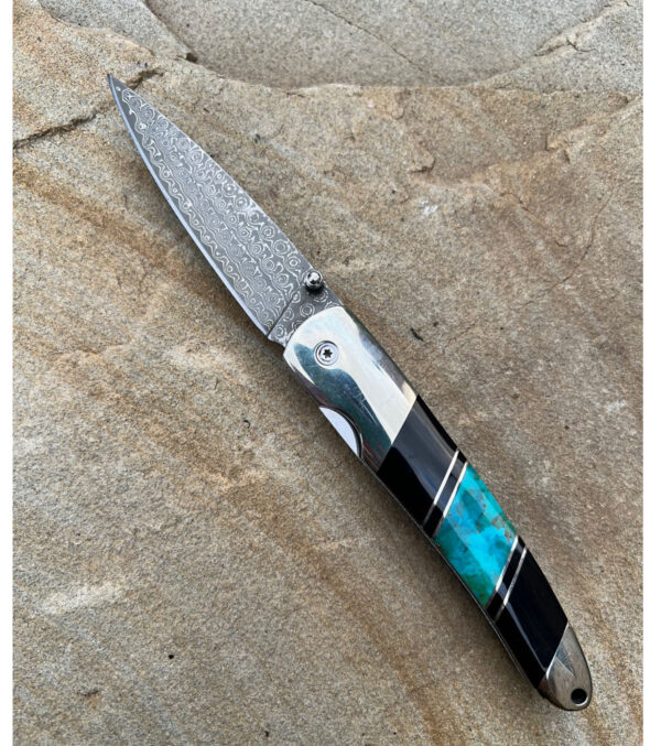 Product Image: Jet & Turquoise Damascus 4″ Linerlock Knife