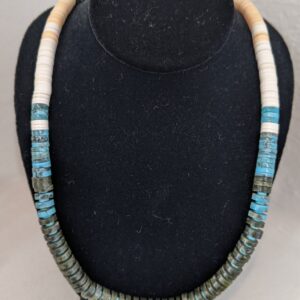 Product Image: Heishi Cut Serpentine, Turquoise Necklace” by Calvin and Pilar Lovato