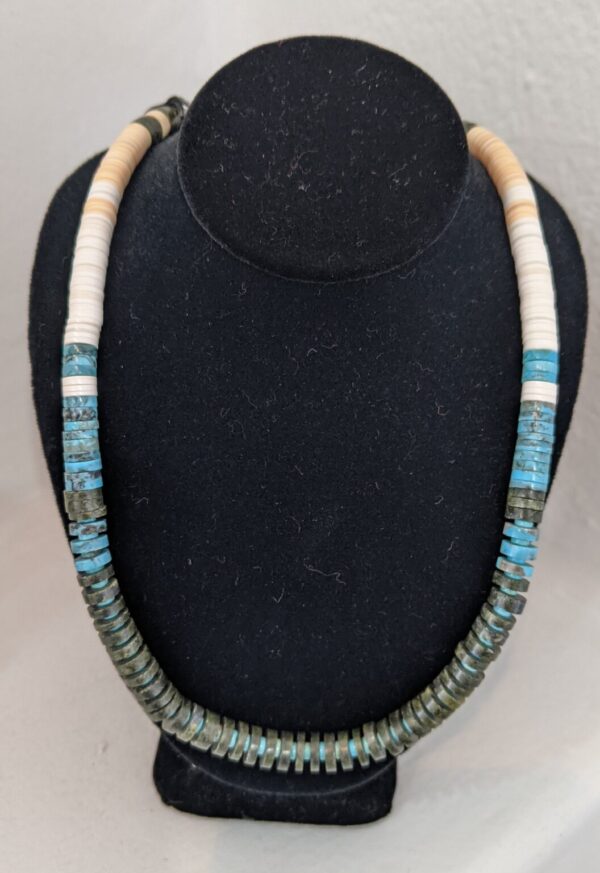 Product Image: Heishi Cut Serpentine, Turquoise Necklace” by Calvin and Pilar Lovato