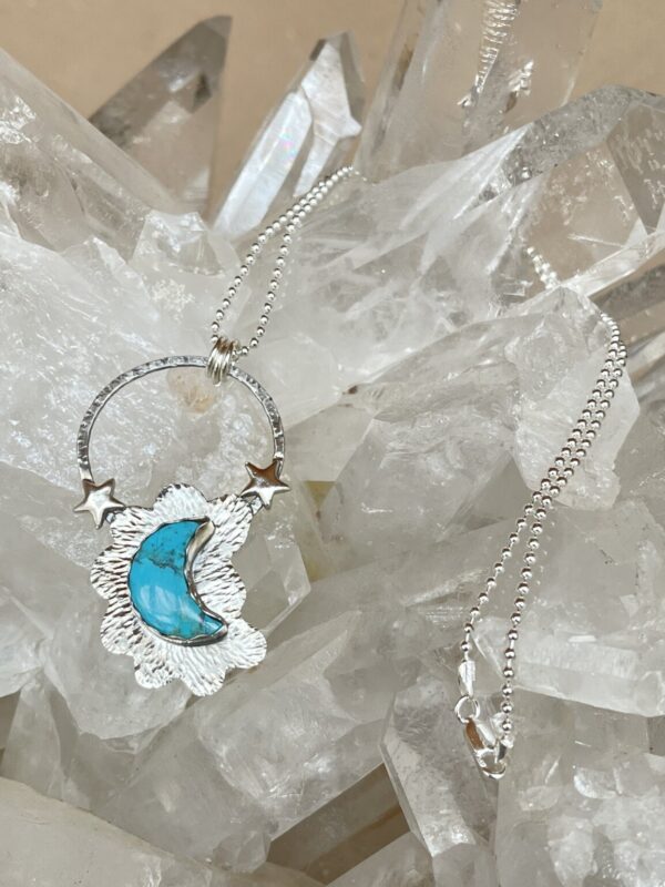 Product Image: Kingman Turquoise Moon Sterling Silver Pendant, Stars, Ball Chain 18″ Necklace
