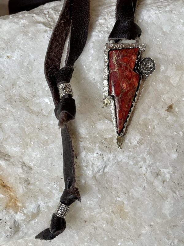 Product Image: Coral in Bronze Matrix Lightning Bolt Leather Necklace