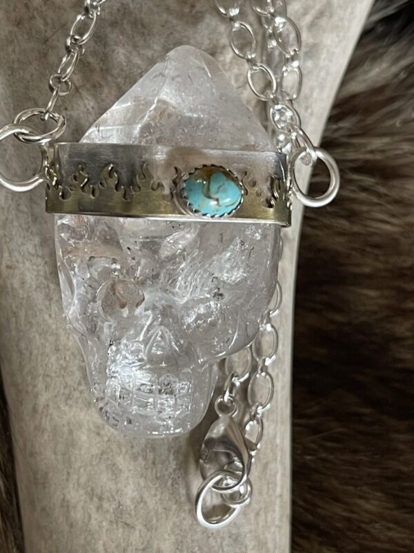 Product Image: Quartz Crystal Skull Necklace Turquoise Fire Bezel