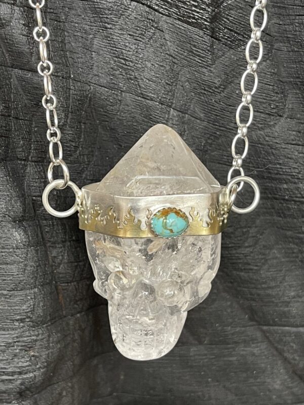 Product Image: Quartz Crystal Skull Necklace Turquoise Fire Bezel