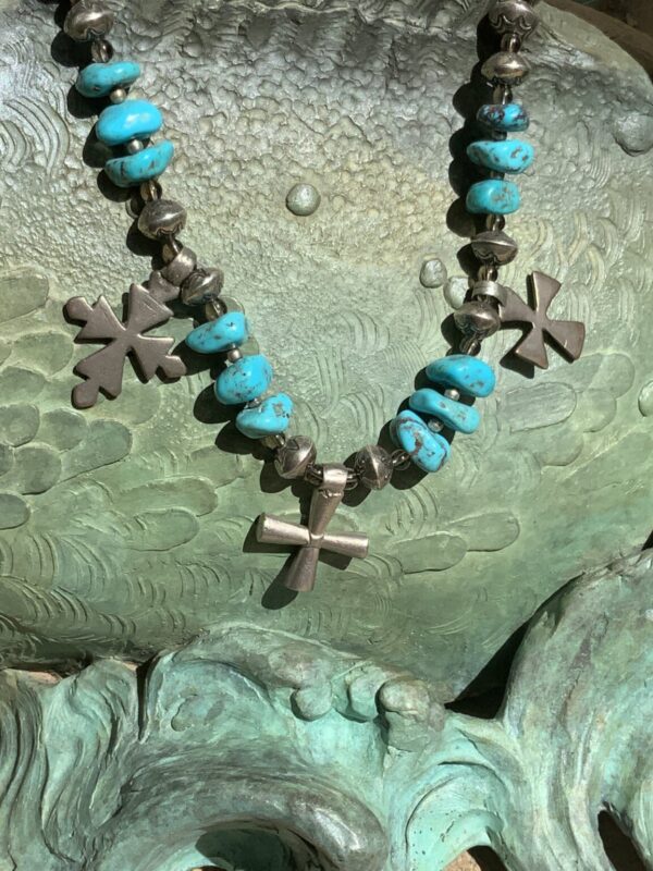 Product Image: 18” SS Oxidized Beads w Turquoise 3 Crosses Necklace
