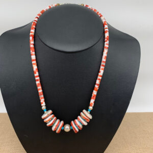 Product Image: Necklace: Orange Spiny Oyster, Turquoise, Silver Hook & Eye Closure 22″