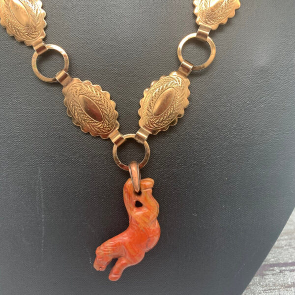 Product Image: Necklace: Carved Flying Horse Jasper, Fire Agate, Polished and Patina Copper 24″ One of a Kind
