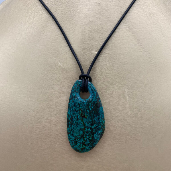 Product Image: Pendant: Turquoise Matrix 2 ¼”X1 ¼” on black leather 30″ One of a Kind