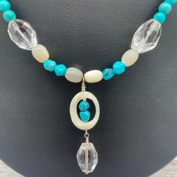 Product Image: Necklace: Turquoise, Faceted Quartz  Crystal, Mother of Pearl, Sterling Clasp  17″+2″ Extender Chain