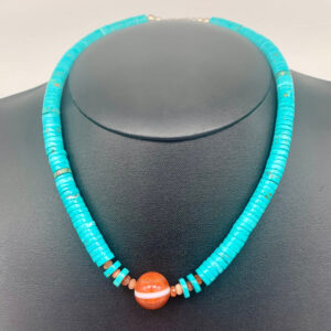 Product Image: Necklace: Turquoise Hand Rolled Heishi, Banded Jasper, Sunstone, Sterling Hook/Eye Clasp 18″