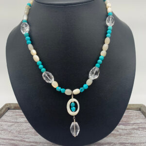 Product Image: Necklace: Turquoise, Faceted Quartz  Crystal, Mother of Pearl, Sterling Clasp  17″+2″ Extender Chain