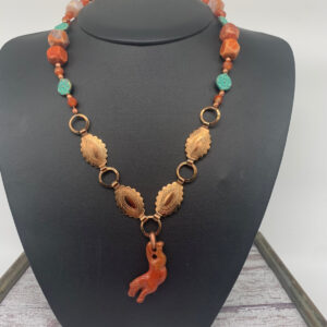 Product Image: Necklace: Carved Flying Horse Jasper, Fire Agate, Polished and Patina Copper 24″
