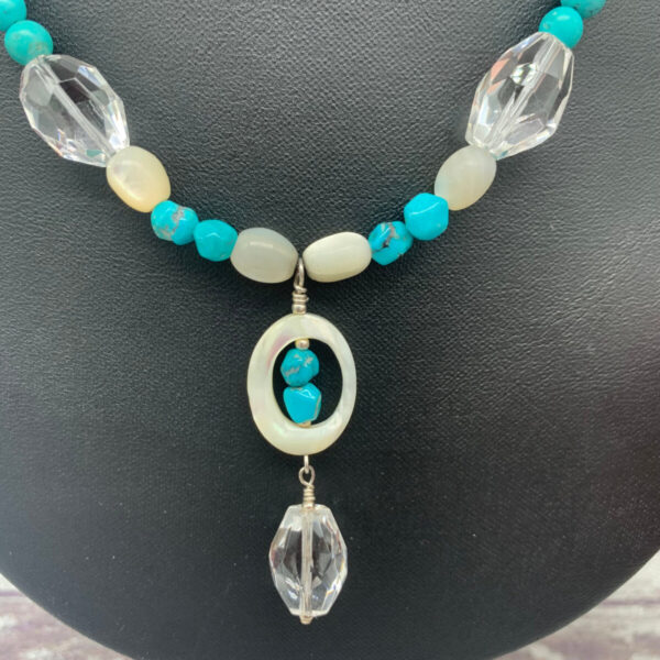 Product Image: Necklace: Turquoise, Faceted Quartz  Crystal, Mother of Pearl, Sterling Clasp  17″+2″ Extender Chain