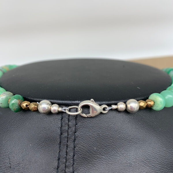 Product Image: Necklace: Chrysoprase, Faceted Bronze Glass, Sterling Lobster Clasp 25″ One of a Kind