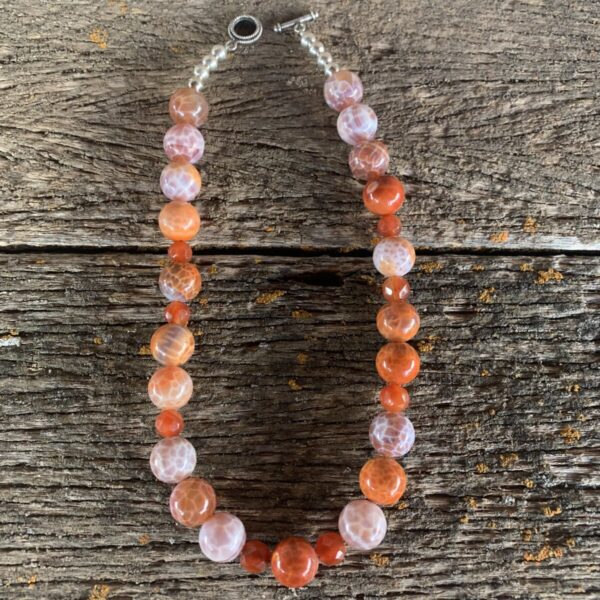 Product Image: Necklace: Fire Agate Balls 16mm Accented with Faceted Carnelian 10mm 19″ Toggle Clasp One of a Kind 