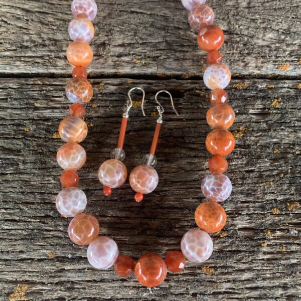 Product Image: Necklace: Fire Agate Balls 16mm Accented with Faceted Carnelian 10mm 19″ Toggle Clasp One of a Kind 