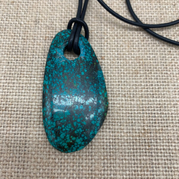 Product Image: Pendant: Turquoise Matrix 2 ¼”X1 ¼” on black leather 30″ One of a Kind