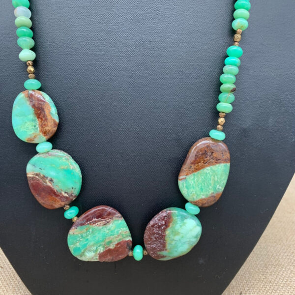 Product Image: Necklace: Chrysoprase, Faceted Bronze Glass, Sterling Lobster Clasp 25″ One of a Kind