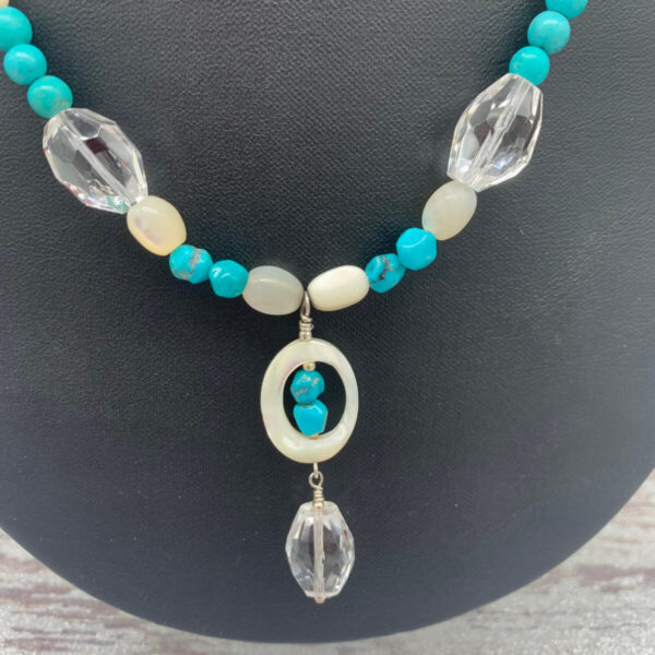 Product Image: Necklace: Turquoise, Faceted Quartz  Crystal, Mother of Pearl, Sterling Clasp  17″+2″ Extender Chain