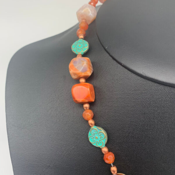 Product Image: Necklace: Carved Flying Horse Jasper, Fire Agate, Polished and Patina Copper 24″ One of a Kind