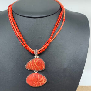 Product Image: Necklace: Triple Strand Coral, Bamboo Coral Pendant (drop 2 ½”), Sterling Clasp 18″+3″ Extender