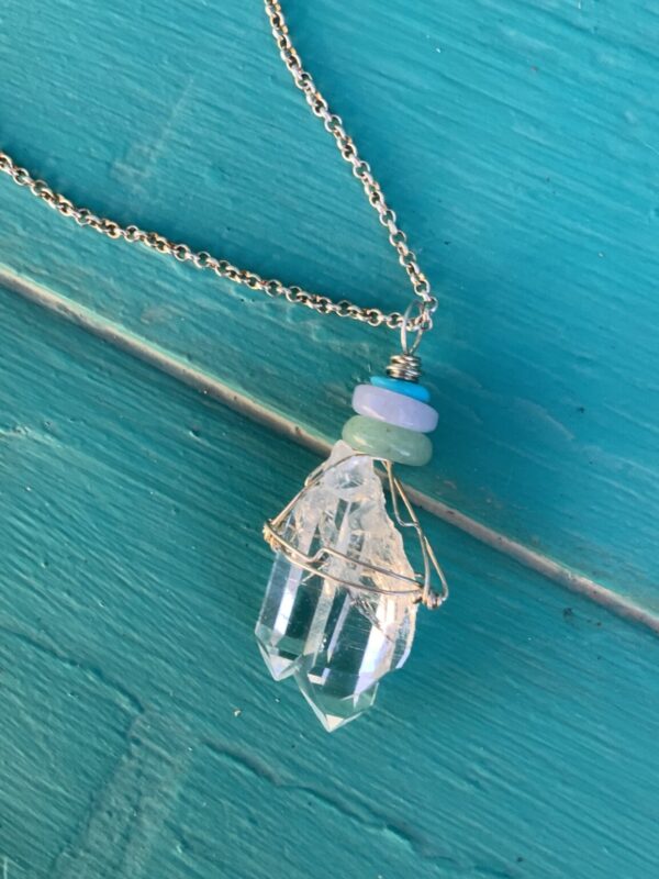Product Image: Double Quartz, Jade Purple and Green, Turqoise,m SS wrapped Necklace