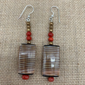 Product Image: Earrings: Shell, Red Coral, Metallic Coated Glass, Sterling Wires 3″ One of a Kind