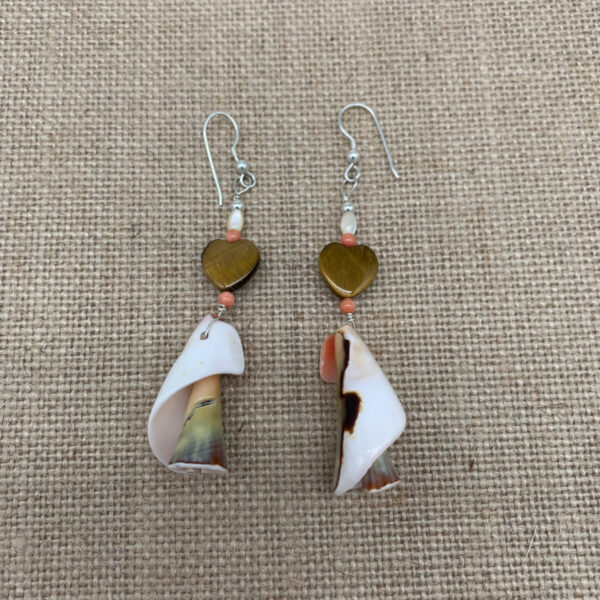 Product Image: Earrings: Shell Twists, Pink Coral, Mother of Pearl, Tiger Eye Hearts, 3″ One of a Kind