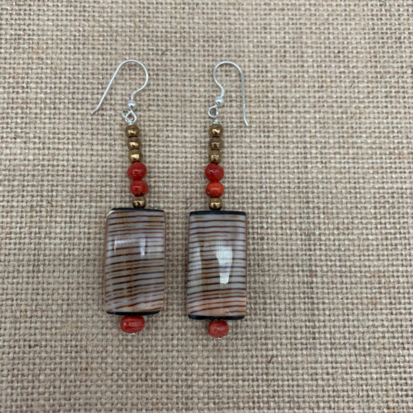 Product Image: Earrings: Shell, Red Coral, Metallic Coated Glass, Sterling Wires 3″ One of a Kind