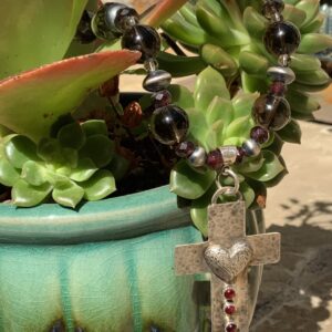Product Image: Necklace Smokey Quartz Garnet SS Cross with Heart with Rubies
