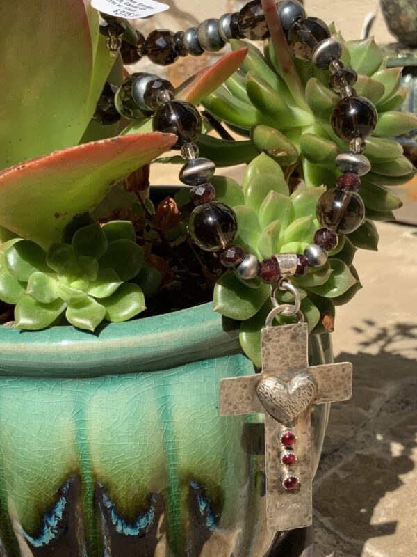 Product Image: Necklace Smokey Quartz Garnet SS Cross with Heart with Rubies