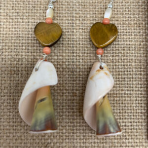 Product Image: Earrings: Shell Twists, Pink Coral, Mother of Pearl, Tiger Eye Hearts, 3″
