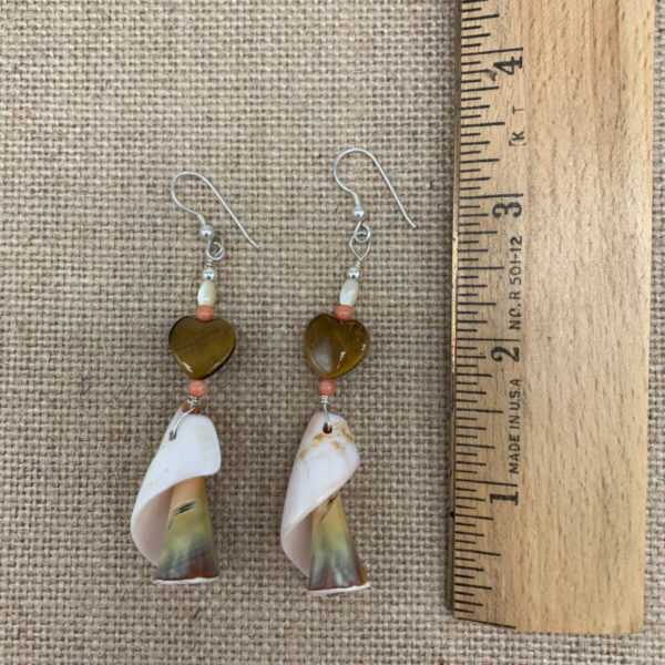 Product Image: Earrings: Shell Twists, Pink Coral, Mother of Pearl, Tiger Eye Hearts, 3″ One of a Kind