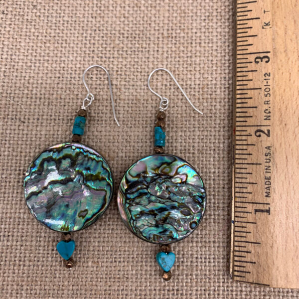 Product Image: Earrings: Abalone Double-sided,Turquoise Beads & Hearts, Sterling Wires 2 ¾” One of a Kind