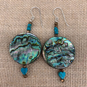 Product Image: Earrings: Abalone Double-sided,Turquoise Beads & Hearts, Sterling Wires 2 ¾”