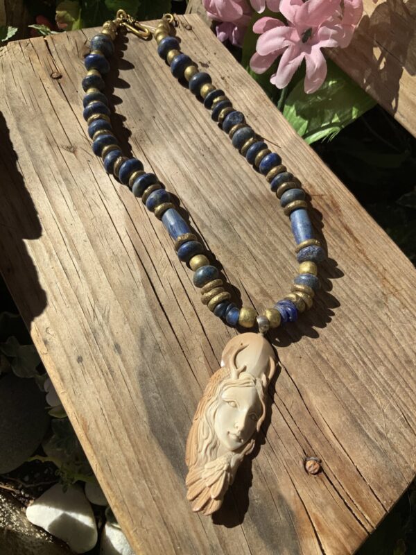 Product Image: Carved Elk Antler Necklace Matte Lapis African Bronze