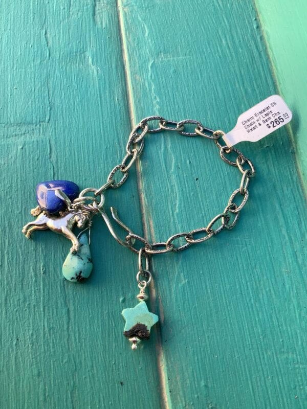 Product Image: Charm Bracelet SS Chain with Lapis Heart and Gem Charms